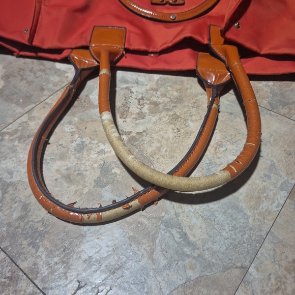 Tory Burch Tote Bag Handbag Nylon/Leather Red Brown - Picture 5 of 10